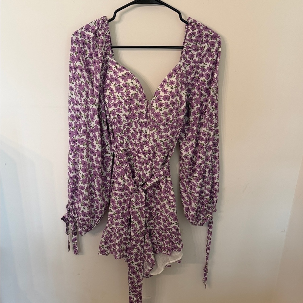 Floral Purple Wrap Blouse with Tie-Waist